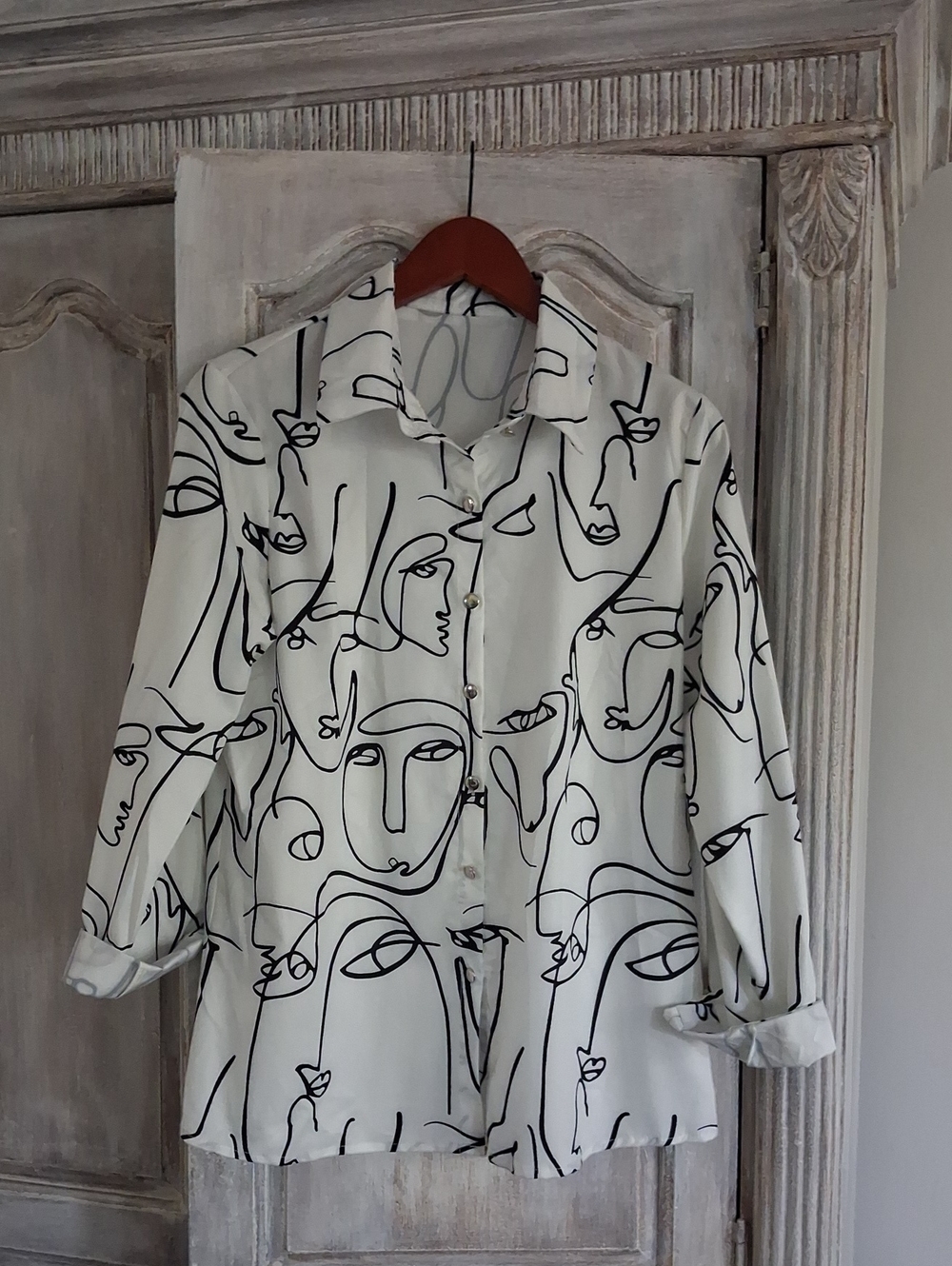 Women’s White Blouse with Abstract Black Line Print
